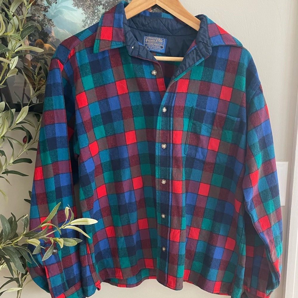 VTG 70s Teal Red Plaid Wool Lined Quilted Button Outdoor Shirt Mens L